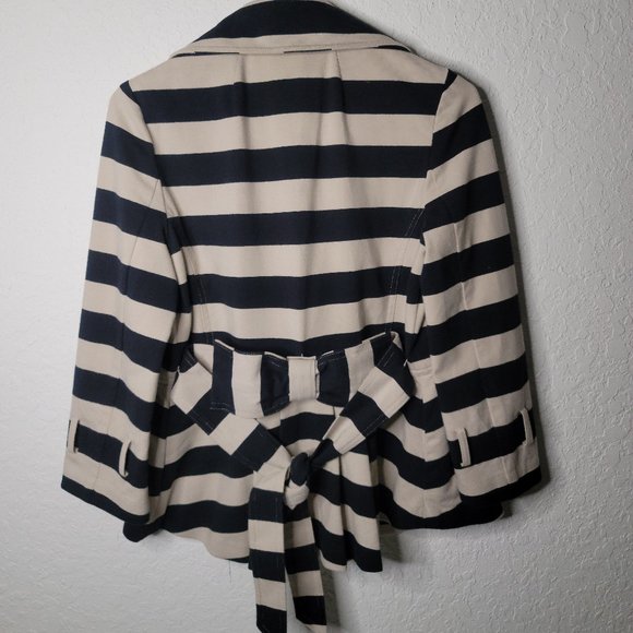 Kate Spade Double Breasted Jacket Pleats Bow in Back Blue and White Stripes Belt - Picture 3 of 6